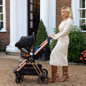 My Babiie Pram 3-in-1 Travel System Billie Faiers Rose Gold & Black Quilted real life photo with Billie Faiers carrier as pram 