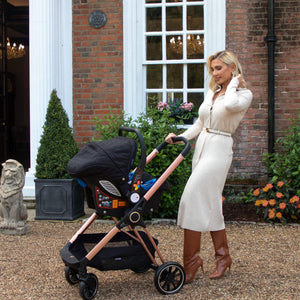 My Babiie Pram 3-in-1 Travel System Billie Faiers Rose Gold & Black Quilted real life photo with Billie Faiers carrier as pram 