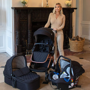 My Babiie Pram 3-in-1 Travel System Billie Faiers Rose Gold & Black Quilted real life photo with Billie Faiers full travel system 