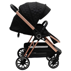 My Babiie Pram 3-in-1 Travel System Billie Faiers Rose Gold & Black Quilted side view reclined with hood up 