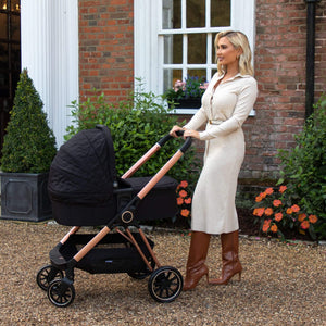 My Babiie Pram 3-in-1 Travel System Billie Faiers Rose Gold & Black Quilted real life photo with Billie Faiers Moses basket 
