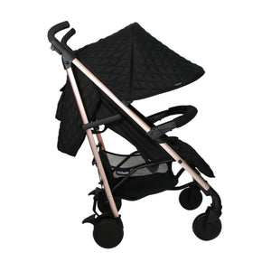My Babiie Pram Billie Faiers Quilted Black side on view with hood up 