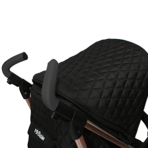 My Babiie Pram Billie Faiers Quilted Black close up of handles and hood 