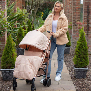 My Babiie Pram Billie Faiers Rose Gold Blush real life photo with Billie Faires and foot muff 