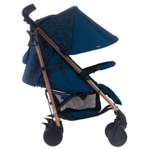My Babiie Pram Dani Dyer Blue Leopard side view with hood up 