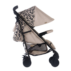 My Babiie Pram Dani Dyer Fawn Leopard side view with hood up 