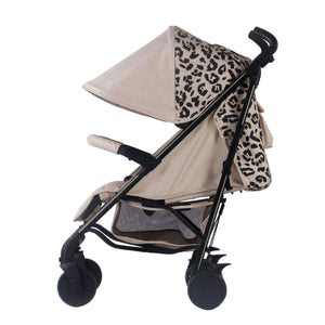 My Babiie Pram Dani Dyer Fawn Leopard side view with hood up 