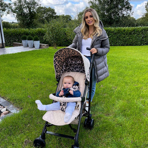 My Babiie Pram Dani Dyer Fawn Leopard real life photo with Dani Dyer and baby 